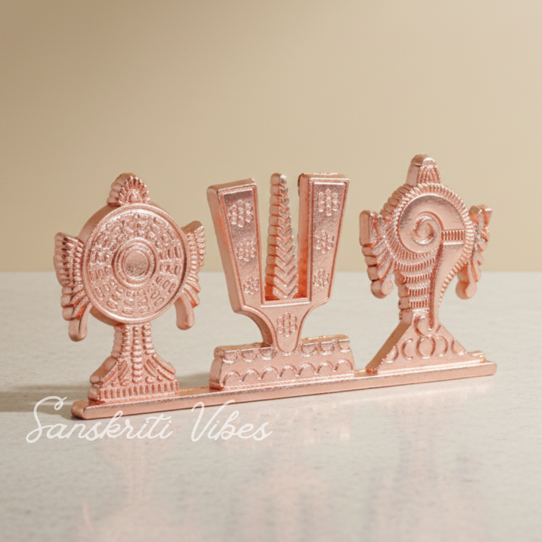 Tirupati Balaji Shankh Chakra Tilak Symbol Stand | Copper-Plated Decorative Idol for Car Dashboard & Home Temple - Retail Maharaj