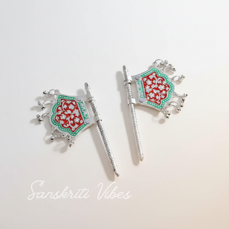 Traditional God Fan Silver-Plated Metal Hand Fan Pankhi with Red and Green Meenakari Work for God Idol - Retail Maharaj