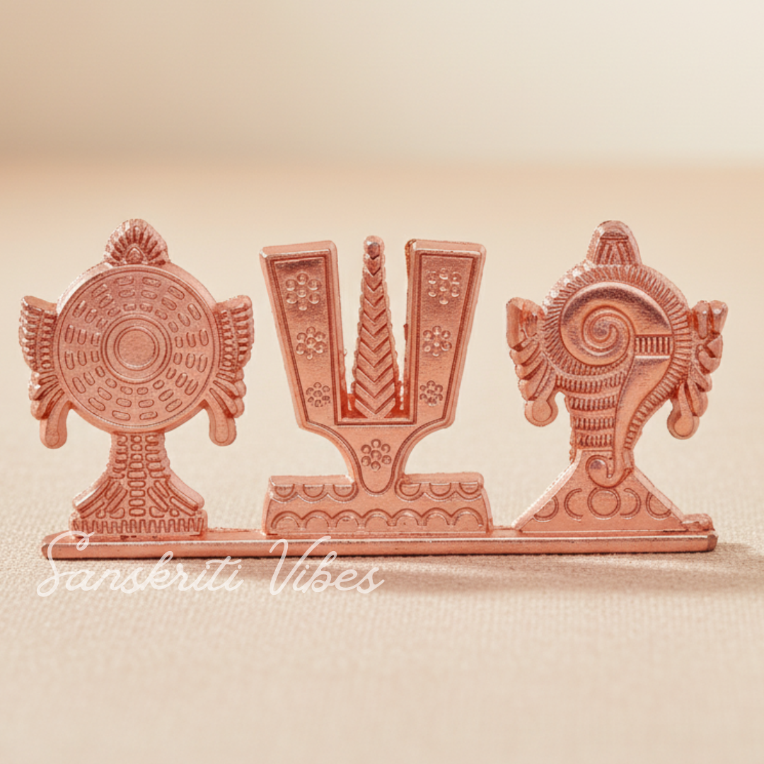Tirupati Balaji Shankh Chakra Tilak Symbol Stand | Copper-Plated Decorative Idol for Car Dashboard & Home Temple - Retail Maharaj