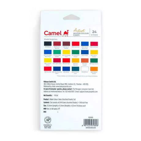 Camel Artist Water Colours Assorted box of cakes, 24 shades with Brush - Retail Maharaj