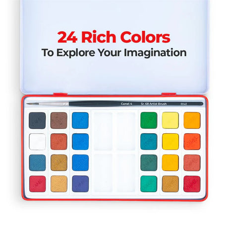 Camel Artist Water Colours Assorted box of cakes, 24 shades with Brush - Retail Maharaj