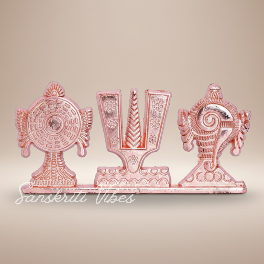 Tirupati Balaji Shankh Chakra Tilak Symbol Stand | Copper-Plated Decorative Idol for Car Dashboard & Home Temple - Retail Maharaj