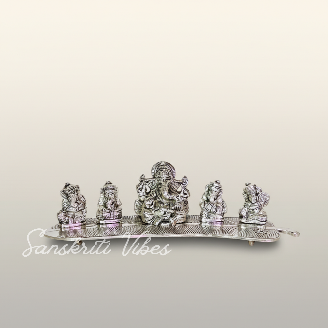 White Metal 5 Ganesh Silver Plated With Musical Instrument On Leaf For Home Decor Musical Ganesha - Retail Maharaj