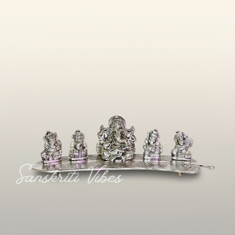White Metal 5 Ganesh Silver Plated With Musical Instrument On Leaf For Home Decor Musical Ganesha - Retail Maharaj