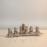 White Metal 5 Ganesh Silver Plated With Musical Instrument On Leaf For Home Decor Musical Ganesha - Retail Maharaj