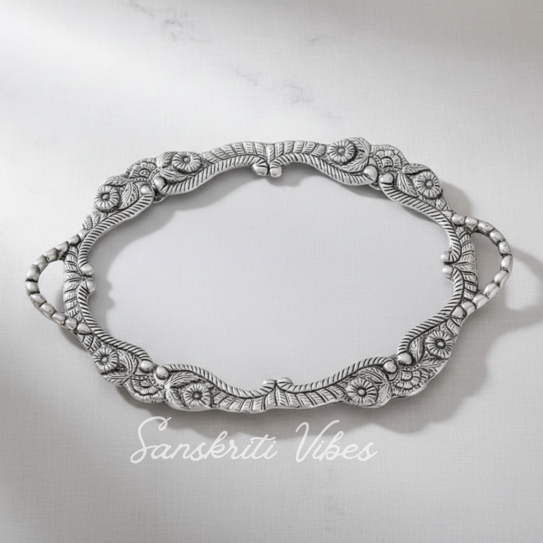Decorative Fiber Tray with Metal Floral Border Round Serving and Decorative Tray (25 cm Diameter) - Retail Maharaj