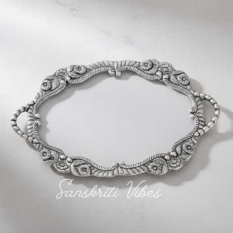 Decorative Fiber Tray with Metal Floral Border Round Serving and Decorative Tray (25 cm Diameter) - Retail Maharaj