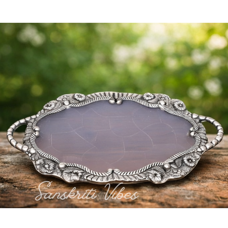 Decorative Fiber Tray with Metal Floral Border Round Serving and Decorative Tray (25 cm Diameter) - Retail Maharaj