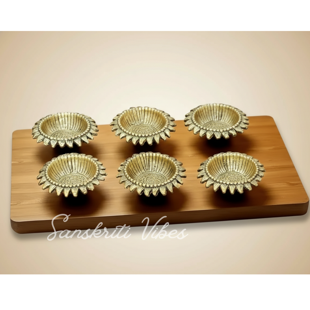 Decorative Sunflower Diya Set Gold-Plated Metal Traditional Festival Oil Lamps (Pack of 6 Pcs) - Retail Maharaj