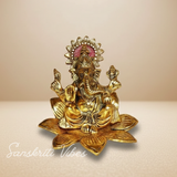 Metal Ganesh Sitting On Flower Gold Color Leaf For Pooja - Retail Maharaj