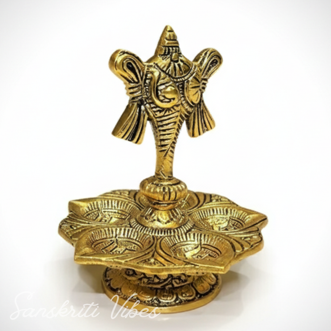 Tirupati Balaji Panch Mukhi Diya with Shanku Stand | Gold-Plated 5 Batti Metal Diya for Home & Office Pooja Room Decoration - Retail Maharaj