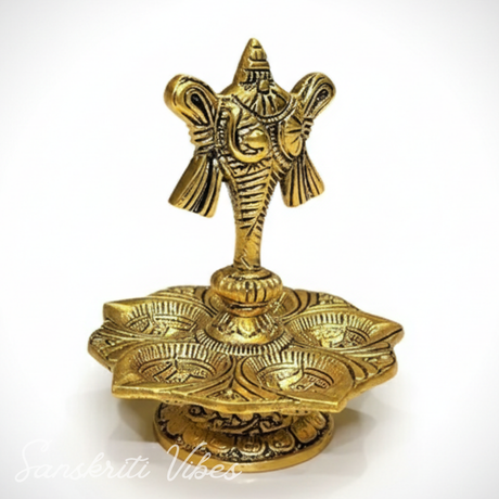 Tirupati Balaji Panch Mukhi Diya with Shanku Stand | Gold-Plated 5 Batti Metal Diya for Home & Office Pooja Room Decoration - Retail Maharaj