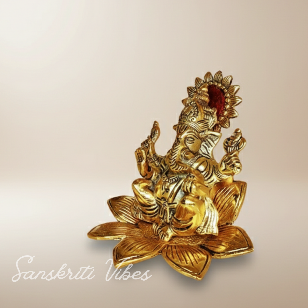Metal Ganesh Sitting On Flower Gold Color Leaf For Pooja - Retail Maharaj