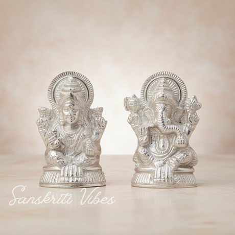 Metal Lakshmi & Ganesha Idol Pair Silver-Finish Mini Statues (7.5 cm × 4 cm Each), 160 g Auspicious Home Puja Decor & Diwali Gift - Retail Maharaj