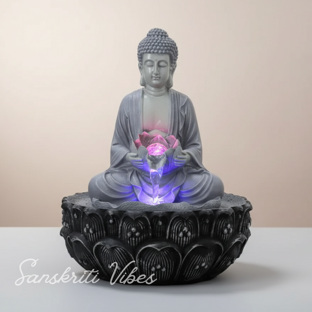 Meditating Buddha Water Fountain Idol Polyresin Lotus Water Fountain Showpiece for Home Garden Living Room Decor Decoration Gift Items, 24 CM - Retail Maharaj