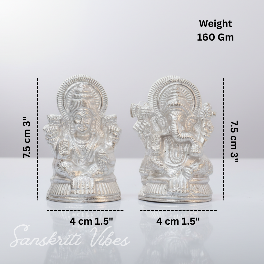 Metal Lakshmi & Ganesha Idol Pair Silver-Finish Mini Statues (7.5 cm × 4 cm Each), 160 g Auspicious Home Puja Decor & Diwali Gift - Retail Maharaj