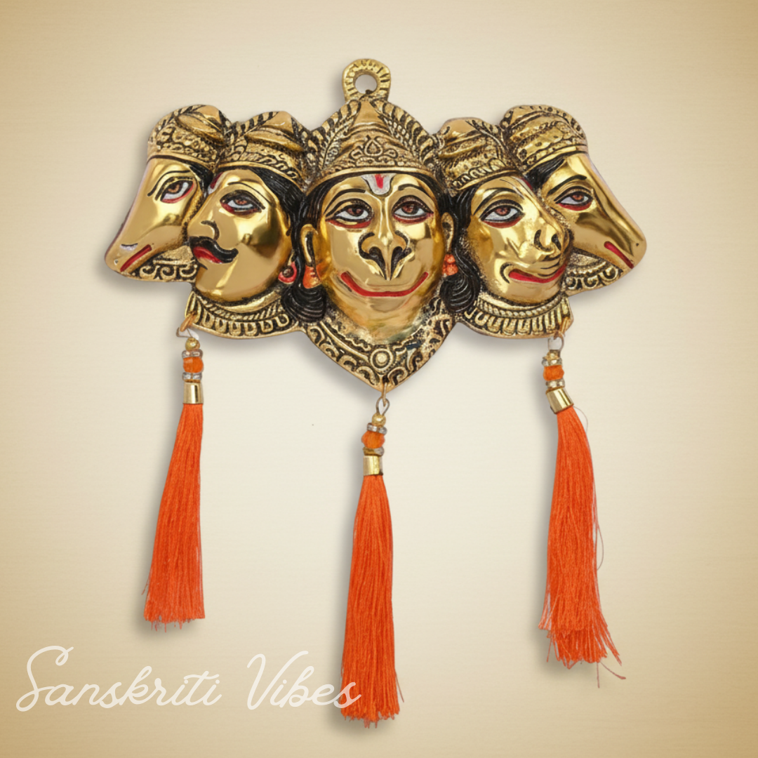Metal Panchmukhi Hanuman Ji Murti for Door Entrance Statue Wall Hanging Showpiece with Silk Latakan in Gold Finish - Sanskriti Vibes - Retail Maharaj