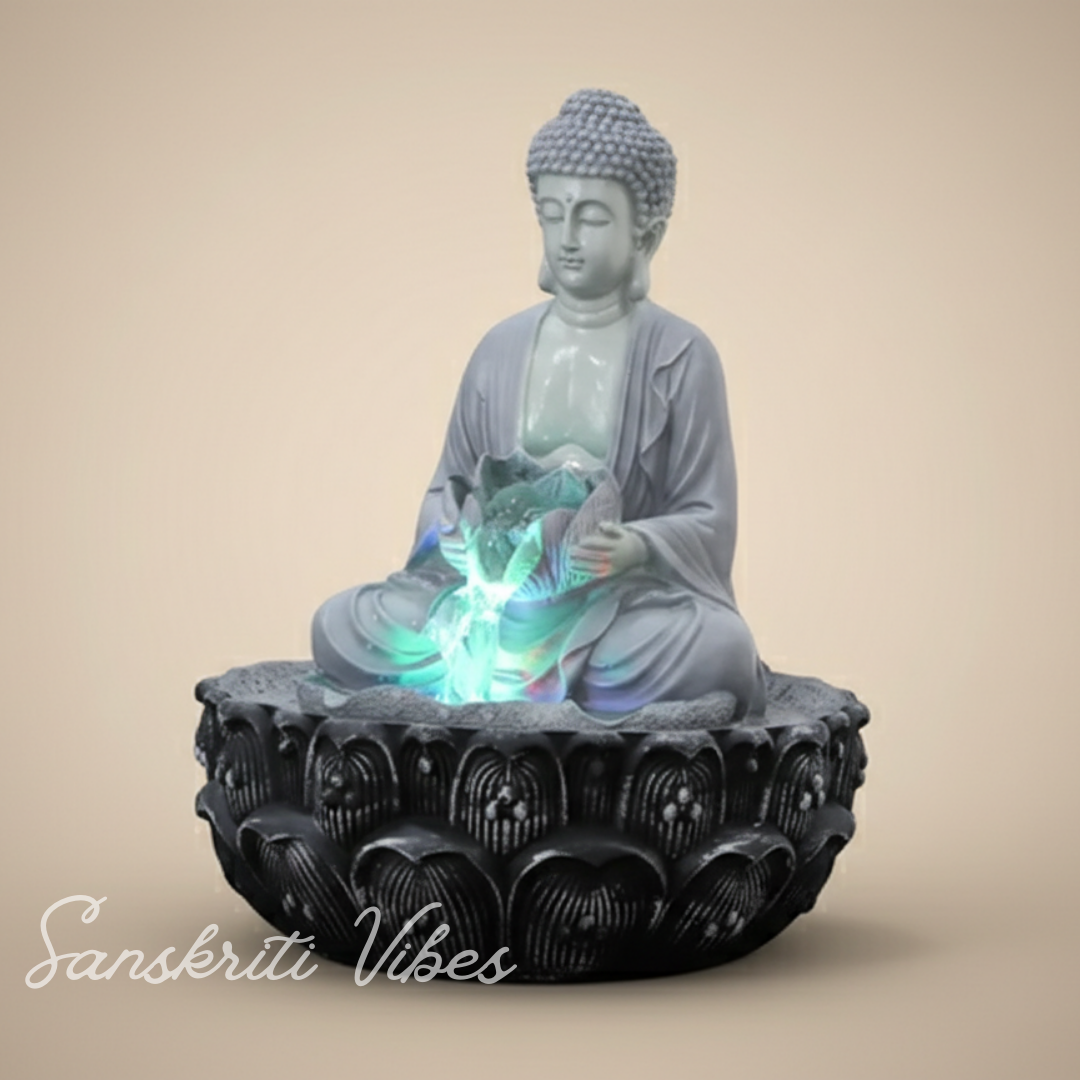 Meditating Buddha Water Fountain Idol Polyresin Lotus Water Fountain Showpiece for Home Garden Living Room Decor Decoration Gift Items, 24 CM - Retail Maharaj