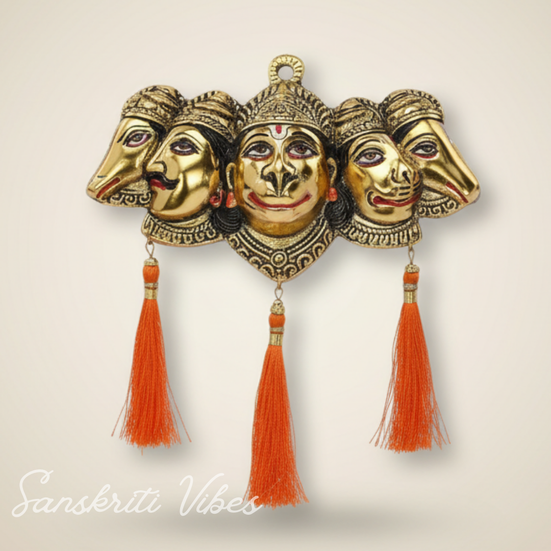 Metal Panchmukhi Hanuman Ji Murti for Door Entrance Statue Wall Hanging Showpiece with Silk Latakan in Gold Finish - Sanskriti Vibes - Retail Maharaj