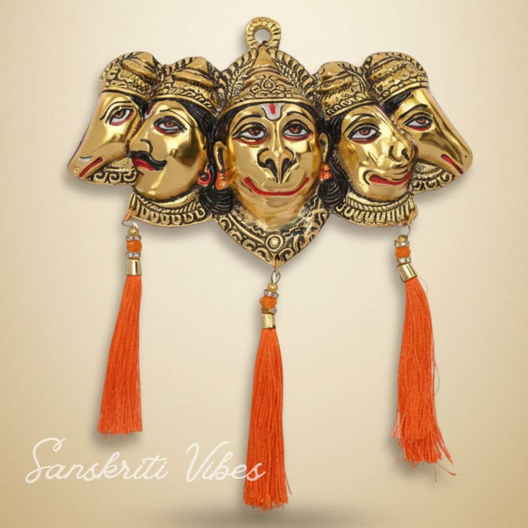 Metal Panchmukhi Hanuman Ji Murti for Door Entrance Statue Wall Hanging Showpiece with Silk Latakan in Gold Finish - Sanskriti Vibes - Retail Maharaj