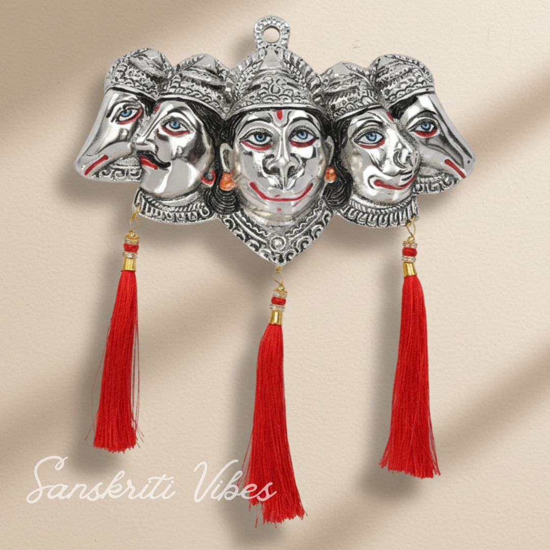 Metal Panchmukhi Hanuman Ji Murti for Door Entrance Statue Wall Hanging Showpiece with Silk Latakan in Gold Finish (Silver) - Sanskriti Vibes - Retail Maharaj