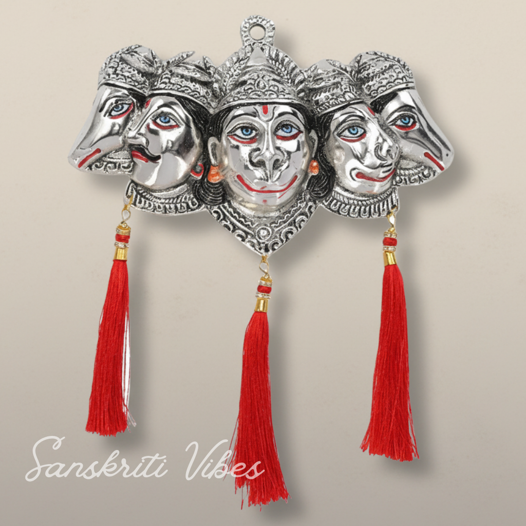Metal Panchmukhi Hanuman Ji Murti for Door Entrance Statue Wall Hanging Showpiece with Silk Latakan in Gold Finish (Silver) - Sanskriti Vibes - Retail Maharaj