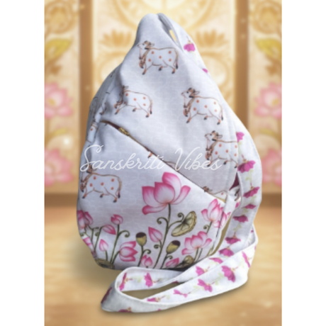 Cow with Lotus Print Designer Prayer Bead Bag / Tulasi Japa Bag – Digital Printed Cotton Bag in Pink and White - Retail Maharaj