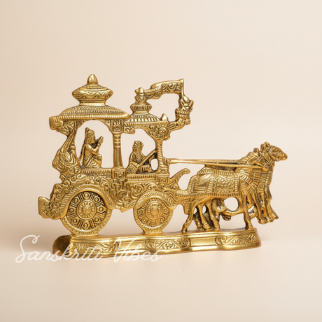 Lord Krishna and Arjun Rath Chariot with Two Horses – Metal Decorative Showpiece for Home Temple & Pooja by Sanskriti Vibes | Glossy Finish - Retail Maharaj