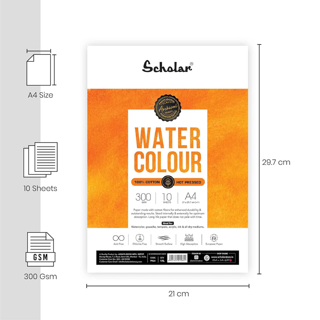 Scholar 100% Cotton Watercolour Hot Pressed Paper Loose Sheets 300 GSM – Smooth Surface - Retail Maharaj