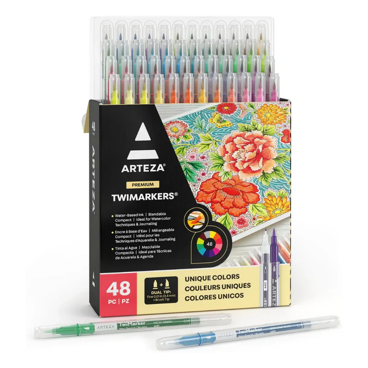 Arteza Dual Tip Brush Markers Set – 48 Art Markers with Fine and Brush Tips for Detailed Art - Retail Maharaj