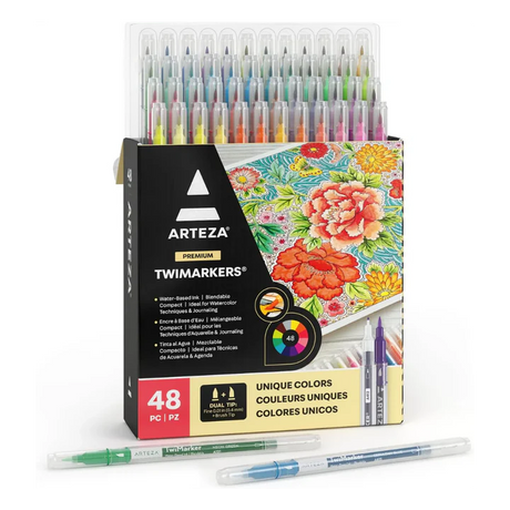 Arteza Dual Tip Brush Markers Set – 48 Art Markers with Fine and Brush Tips for Detailed Art - Retail Maharaj