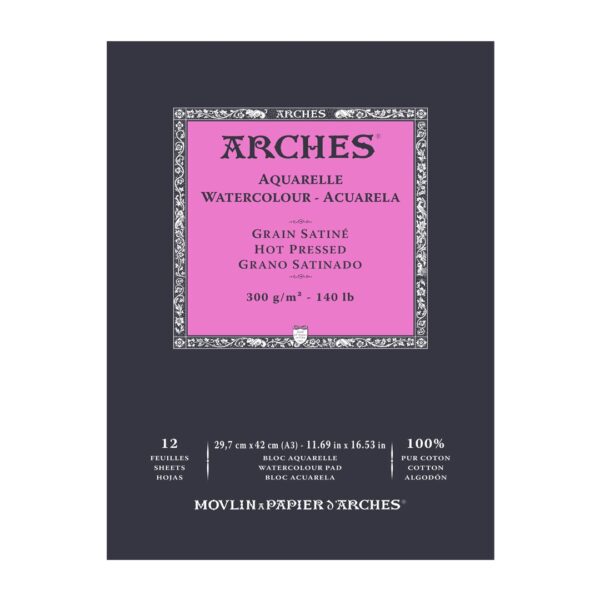 Arches Aquarelle Watercolour Hot Pressed Paper Pad Open Stock 12 Sheets - Retail Maharaj