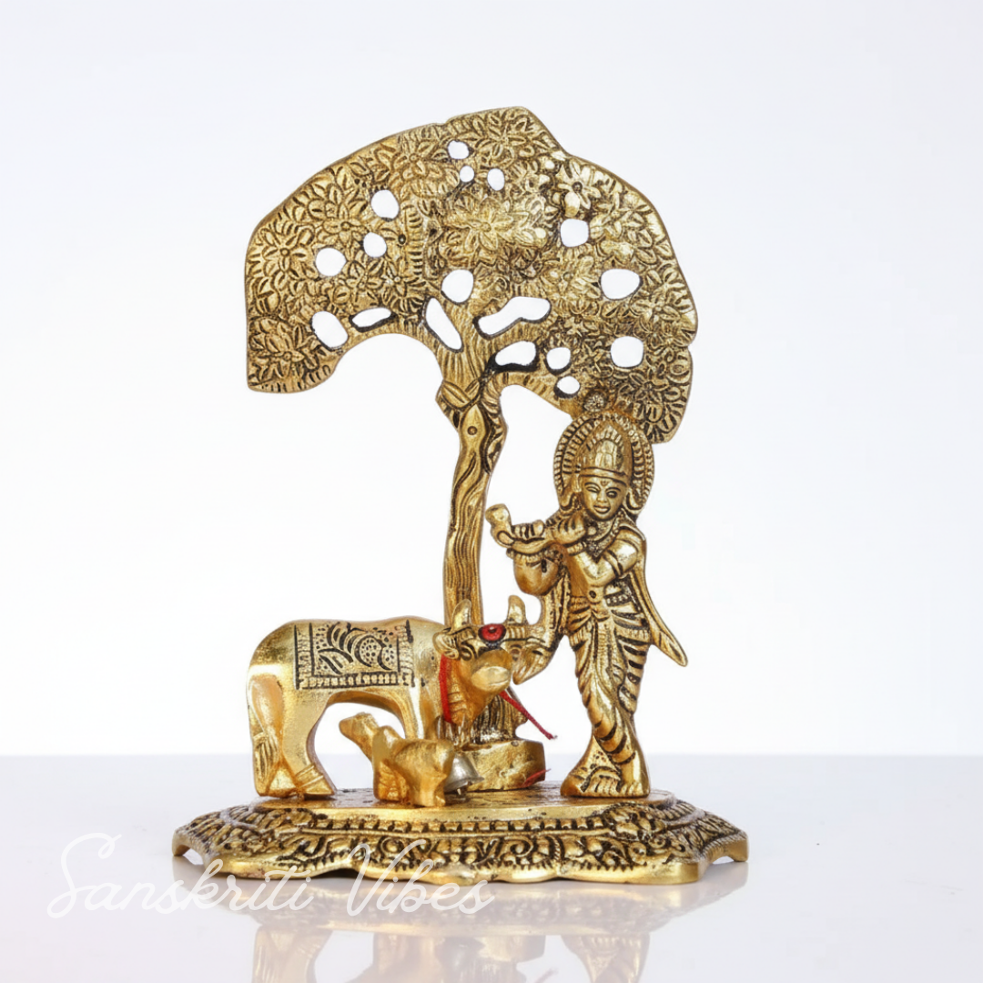 Kamdhenu Cow with Krishna Standing Under Tree Playing Flute – Metal Decorative Statue by Sanskriti Vibes | Glossy Finish for Home Temple & Pooja - Retail Maharaj