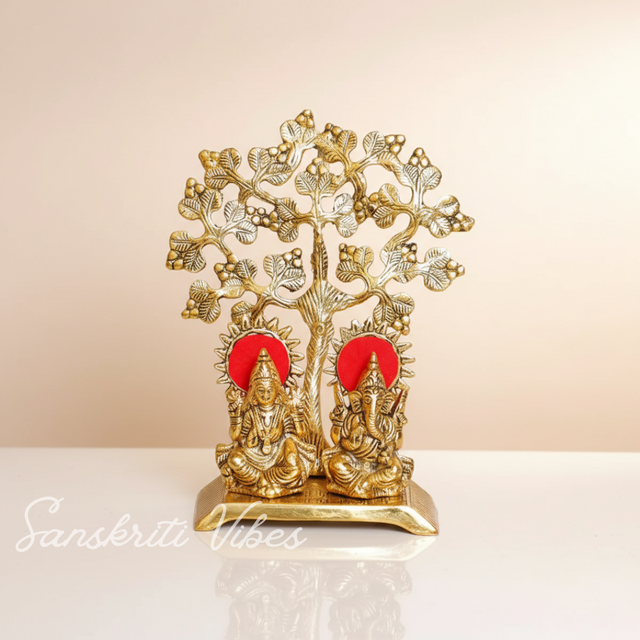 Metal Laxmi Ganesha Murti Under Tree - Showpiece for Pooja Room, Table Decoration, and Gift for All Occasions - Retail Maharaj