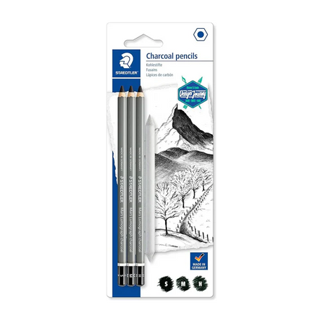 Staedtler Mars Lumograph Charcoal Pencils Set (H, M, S) with Blending Stump No. 4 - Retail Maharaj