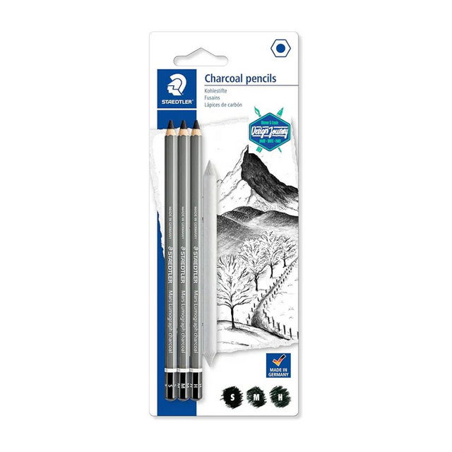 Staedtler Mars Lumograph Charcoal Pencils Set (H, M, S) with Blending Stump No. 4 - Retail Maharaj