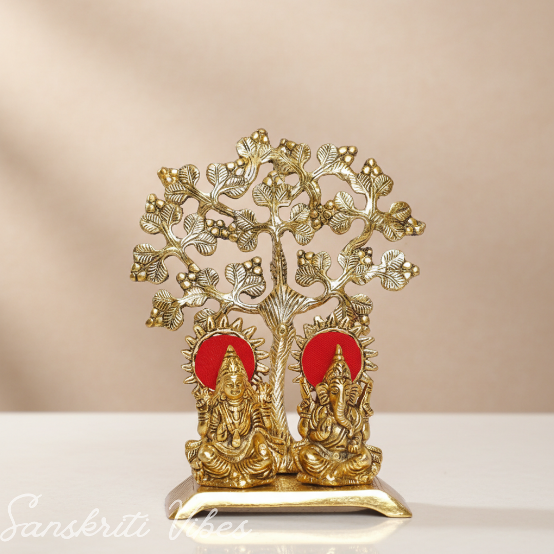 Metal Laxmi Ganesha Murti Under Tree - Showpiece for Pooja Room, Table Decoration, and Gift for All Occasions - Retail Maharaj
