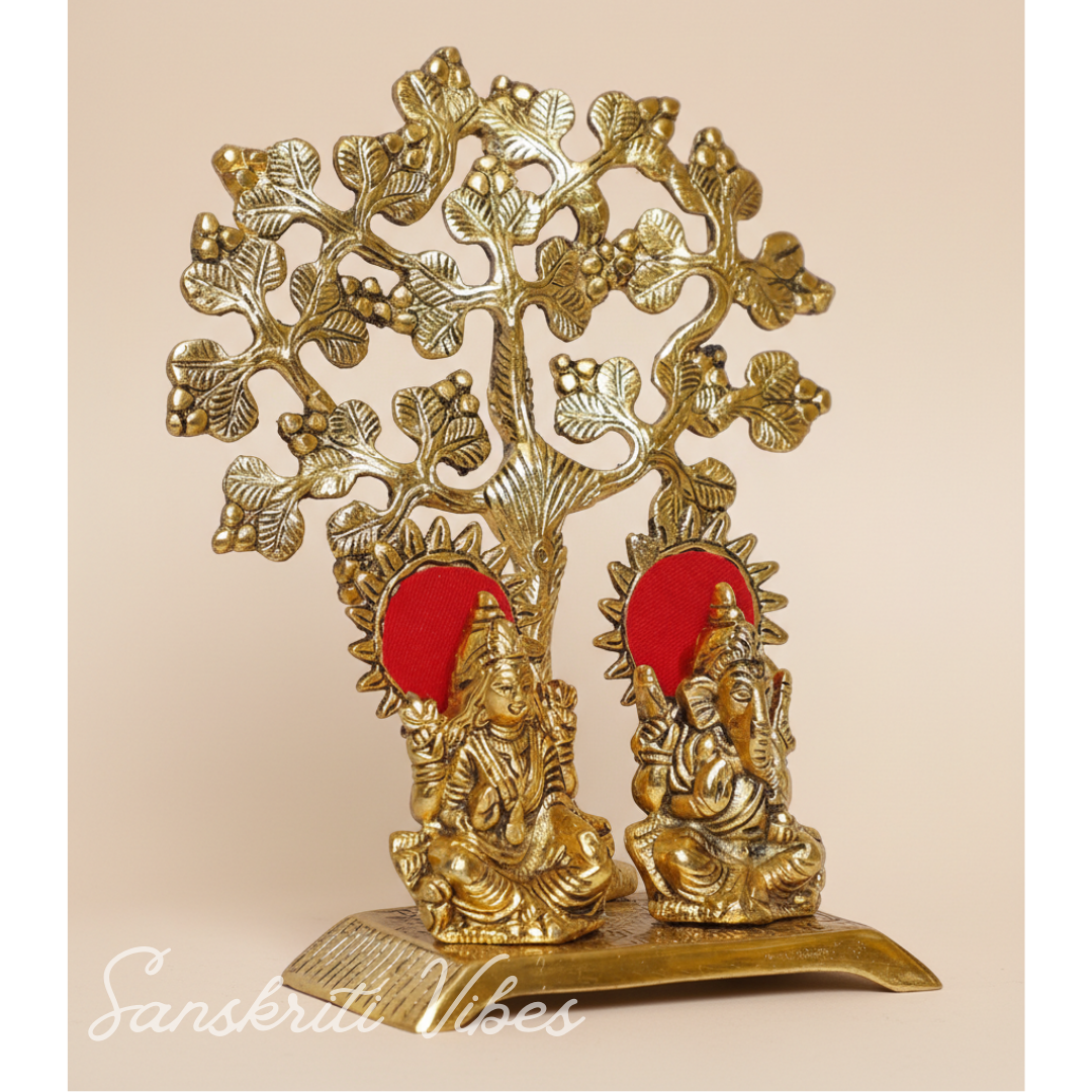 Metal Laxmi Ganesha Murti Under Tree - Showpiece for Pooja Room, Table Decoration, and Gift for All Occasions - Retail Maharaj