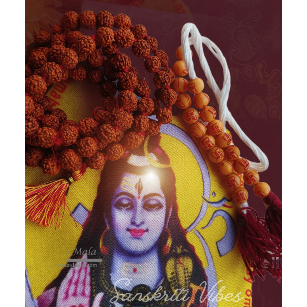Five Mukhi Rudraksha Mala Counter Mala and Japa Bead Bag Set for Meditation and Chanting