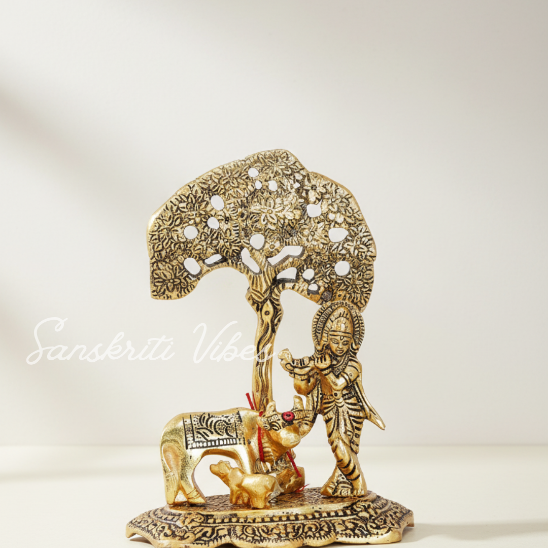 Kamdhenu Cow with Krishna Standing Under Tree Playing Flute – Metal Decorative Statue by Sanskriti Vibes | Glossy Finish for Home Temple & Pooja - Retail Maharaj