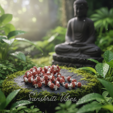 108 plus 1 Rudraksha Guru Beads Mala with Silver Flower Caps for Meditation and Spiritual Healing - Retail Maharaj
