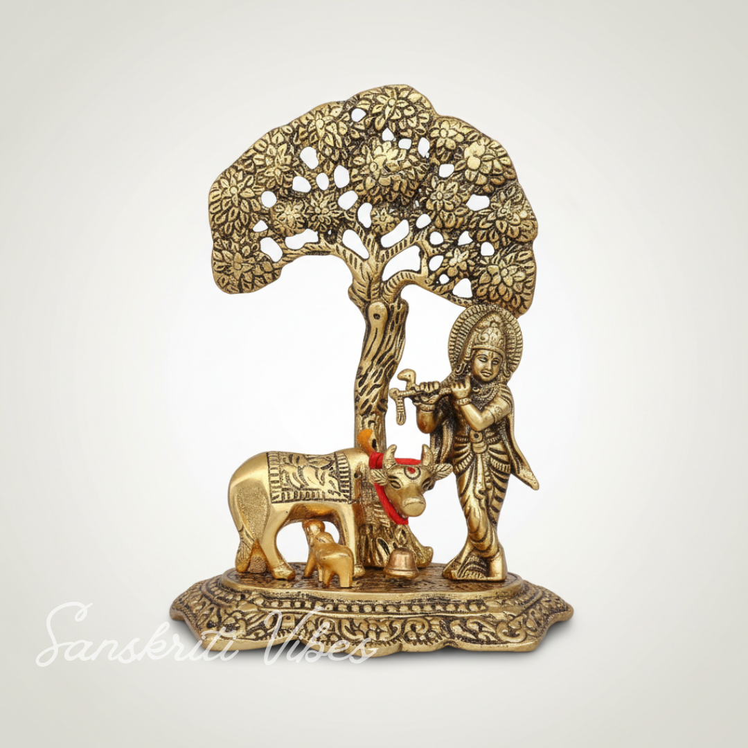 Kamdhenu Cow with Krishna Standing Under Tree Playing Flute – Metal Decorative Statue by Sanskriti Vibes | Glossy Finish for Home Temple & Pooja - Retail Maharaj