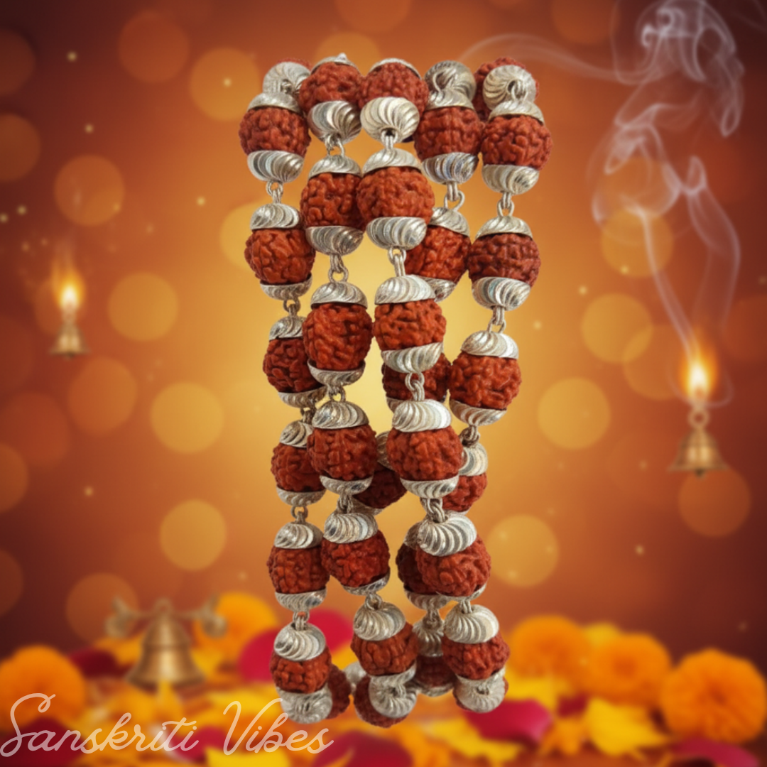 Rudraksha 108 Beads Mala with Silver Caps 8 mm Spiritual Japa Mala for Meditation and Protection - Retail Maharaj