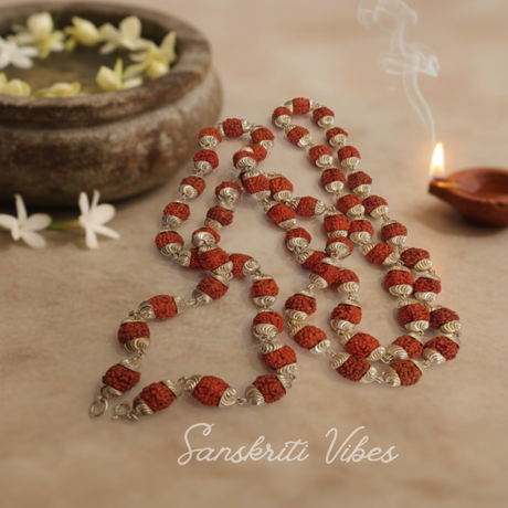 Rudraksha 108 Beads Mala with Silver Caps 8 mm Spiritual Japa Mala for Meditation and Protection - Retail Maharaj