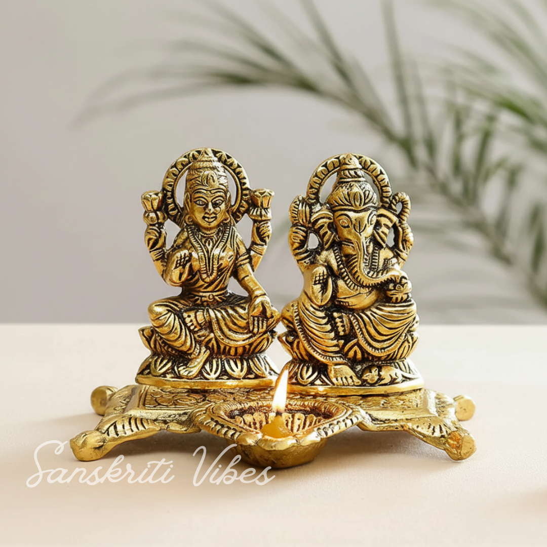 Metal Laxmi Ganesh Statue/Murti for Pooja Room & Home Office Décor, Laxmi Ganesha Diya Idol for Diwali Gift - Retail Maharaj