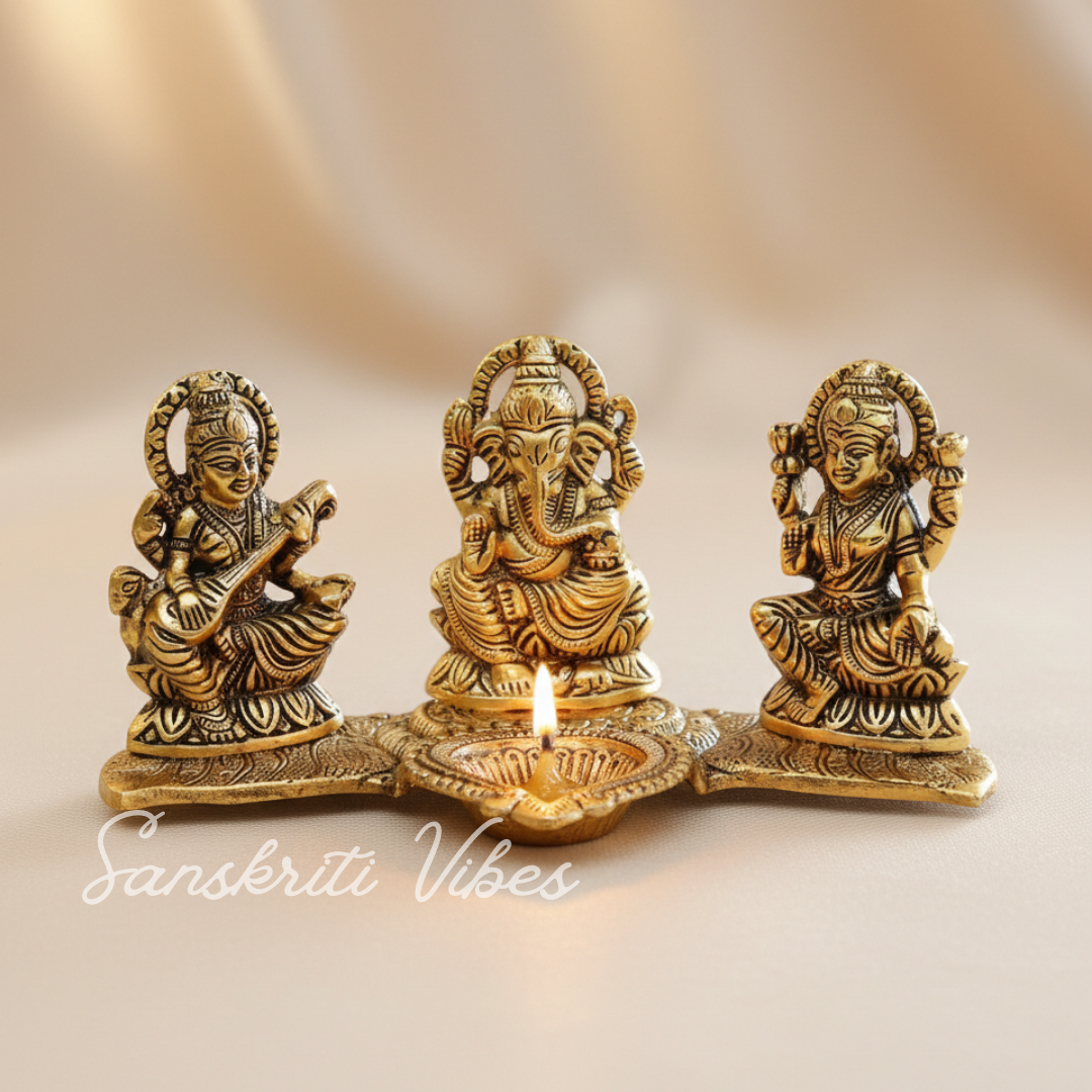 Metal Laxmi Ganesh Saraswati Idol Decorative Murti Showpiece Oil Lamp Diya Gold Plated Decorative Showpiece – 12 Cm (Aluminium) - Retail Maharaj