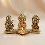 Metal Laxmi Ganesh Saraswati Idol Decorative Murti Showpiece Oil Lamp Diya Gold Plated Decorative Showpiece – 12 Cm (Aluminium) - Retail Maharaj