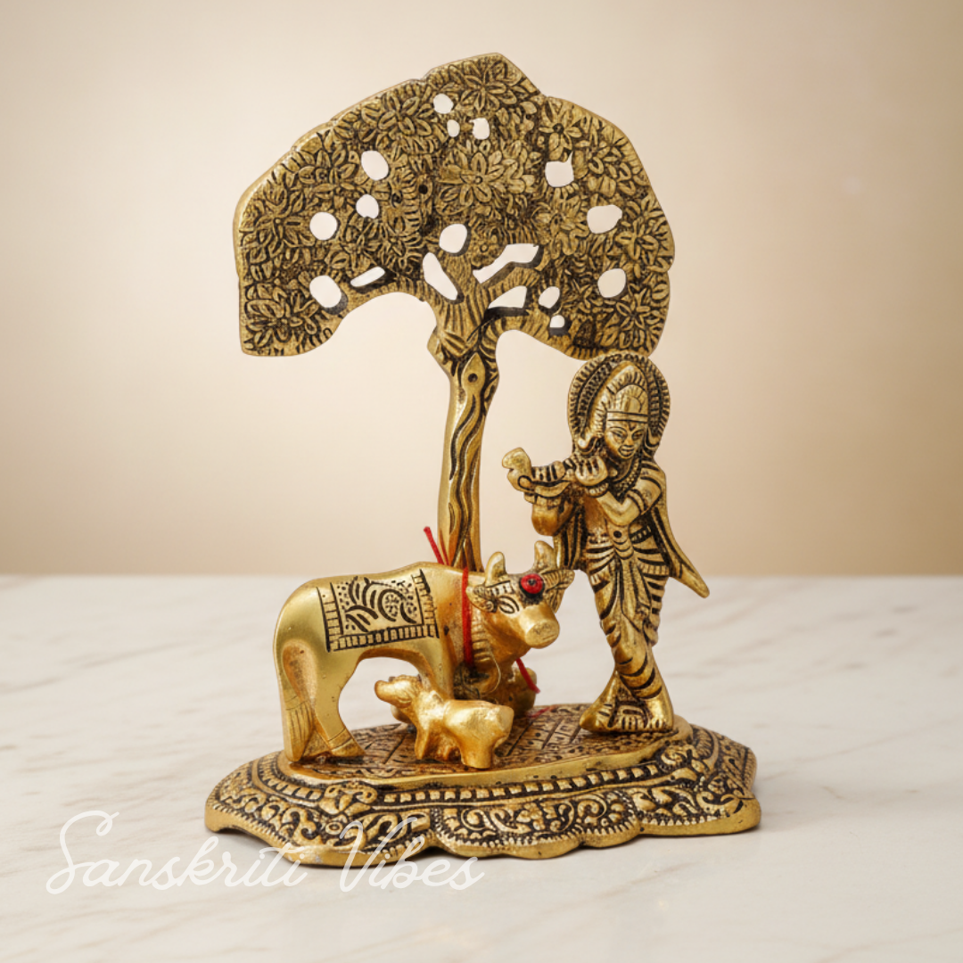 Kamdhenu Cow with Krishna Standing Under Tree Playing Flute – Metal Decorative Statue by Sanskriti Vibes | Glossy Finish for Home Temple & Pooja - Retail Maharaj