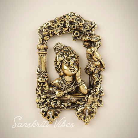 Metal Krishna Frame Key Holder for Wall Decoration with Multiple Hooks for Home Aluminium Decorative Key Stand - Retail Maharaj