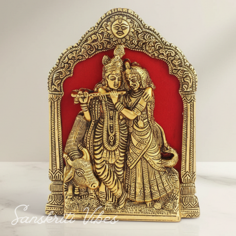 Handcrafted Antique Golden Radha Krishna With Cow Thin Metal Frame Wall Hanging and Table Decorative Showpiece 21.6 cm Aluminium Art by Sanskriti Vibes - Retail Maharaj